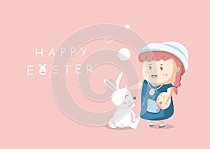 Adorable girl and bunny playing together Easter holiday, cartoon characters minimal kid greeting card vector illustration