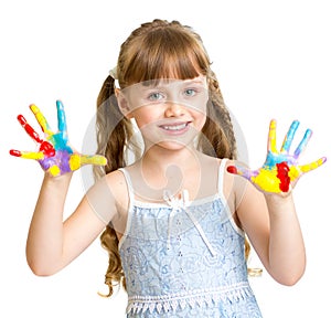 Adorable girl with hands painted in bright colors isolated