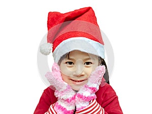 Adorable girl and red hat.Little girl in christmas hat  on white background.New year and Christmas concept.