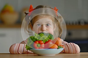 Adorable Girl Rejects Healthy Vegetables For A Nutrition Kids Concept photo