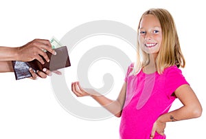 Adorable girl smiling and demanding money for allowance