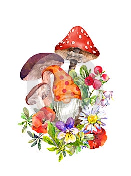 Adorable gnome with mushroom, summer flowers card. Watercolor woodland, forest design illustration
