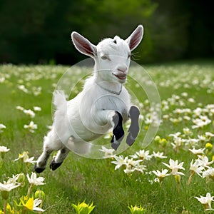 Adorable goat kid leaps joyfully among blooming flowers