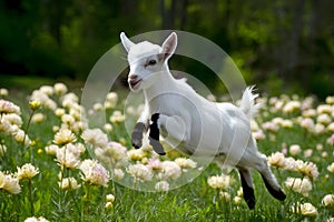 Adorable goat kid leaps joyfully among blooming flowers