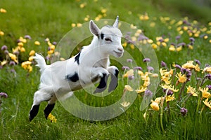 Adorable goat kid leaps joyfully among blooming flowers