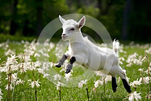 Adorable goat kid leaps joyfully among blooming flowers