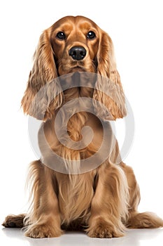 Adorable Golden Cocker Spaniel dog looking to camera on a white background dog. Generative AI