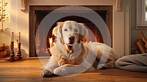 An adorable golden retriever dog lounges by the fireplace in a minimalist living room, basking in the warmth of the