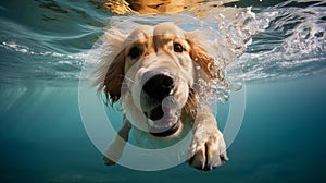 Adorable Golden Retriever dog swimming in water. Popular dog breed swimming and playing in water close-up.
