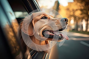 An Adorable Golden Retriever Enjoying a Road Trip from the Car Window, created with Generative AI