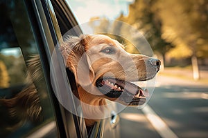 An Adorable Golden Retriever Enjoying a Road Trip from the Car Window, created with Generative AI
