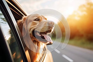 An adorable Golden Retriever enjoys the car ride, looking out the window. Summer trip