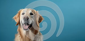 Adorable golden retriever with a funny open-mouthed expression on a blue background, symbolizing pet care