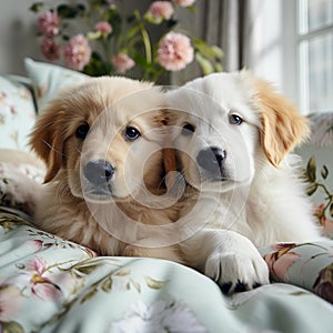 Adorable Golden Retriever Puppies Embracing in Cozy Teddy Bear Haven