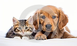 Adorable golden retriever puppy and brown tabby kitten lying together looking at the camera on a white background