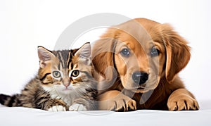 Adorable golden retriever puppy and brown tabby kitten lying together looking at the camera on a white background