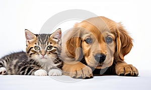 Adorable golden retriever puppy and brown tabby kitten lying together looking at the camera on a white background