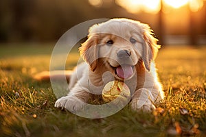 Golden Retriever Puppy Enjoying Playtime in Sunset Light, AI Generated