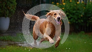 Adorable Golden Retriever running and playing in the rain. Happy dog enjoying sprinkler water.