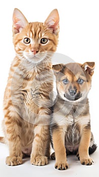 Adorable golden tabby cat and Shiba Inu puppy friends on white background. pet and family themes