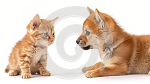 Adorable golden tabby cat and Shiba Inu puppy friends on white background. pet and family themes