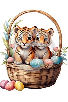 graphic of baby triger in an Easter basket with Easter eggs photo
