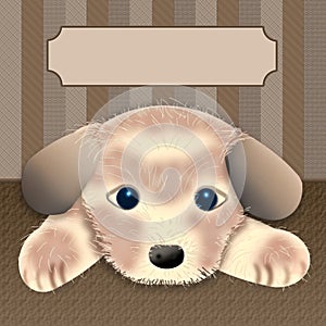 Adorable graphic illustration of little puppy isolated on Brown Stripes Background, Text Area Above