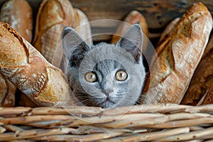 Adorable Gray Kitten Peeking Out from a Basket of Fresh Baked Baguettes