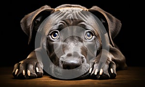 Adorable Gray Puppy with Soulful Eyes Lying Down on a Dark Background