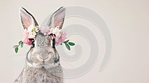 Adorable gray rabbit adorned with a whimsical crown of delicate pink flowers. Banner with copy-space