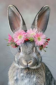Adorable gray rabbit adorned with a whimsical crown of pink flowers.