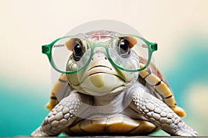 Adorable Green Turtle with Glasses: Studio Portrait.