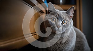 Adorable grey cat playing in house. Pet care create with generative ai technology
