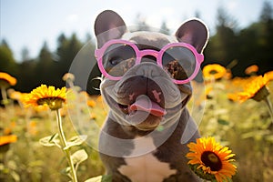 Adorable Grey French Bulldog Puppy Wearing Pink Sunglasses amidst Yellow Flowers