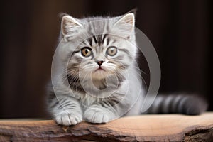 Adorable grey tabby kitten perched on wood