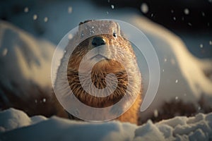 Adorable groundhog sitting in the snow, winter time