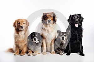 An adorable group of adorable purebred dogs of various breeds in front of a white background