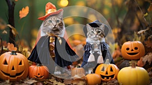 Adorable Halloween Costumed Cats in an Autumn Setting AI Generated