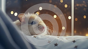 adorable hamster looking to the starry sky from window on the bed room background. Generative AI