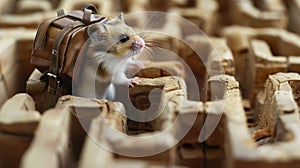 An adorable hamster sports a miniature designer backpack as it forages for treats in an intricately designed maze