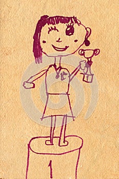Adorable hand drawn pen illustration of a triumphant girl champion, holding a cup and medal, celebrating her first-place