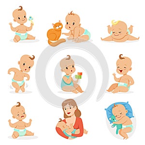 Adorable Happy Baby And His Daily Routine Set Of Cute Cartoon Infancy And Infant Illustrations