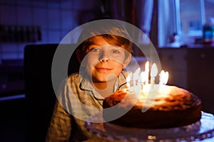 Adorable happy blond little kid boy celebrating his birthday. Child blowing candles on homemade baked cake, indoor