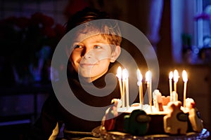 Adorable happy blond little kid boy celebrating his birthday. Child blowing candles on homemade baked cake, indoor