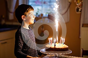 Adorable happy blond little kid boy celebrating his birthday. Child blowing candles on homemade baked cake, indoor