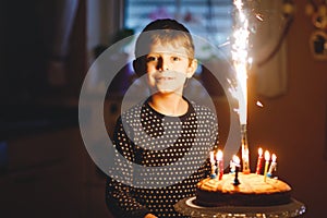 Adorable happy blond little kid boy celebrating his birthday. Child blowing candles on homemade baked cake, indoor