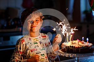 Adorable happy blond little kid boy celebrating his birthday. Child blowing seven candles on homemade baked cake, indoor