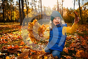 Adorable happy joyful baby girl in bright warm colorful clothes, catching fallen leaves, playing in maple park at sunset.