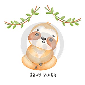 Adorable happy smile baby sloth sitting cartoon watercolor nursery Illustration