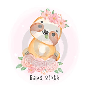 Adorable happy smile baby sloth sitting in flowers cartoon watercolor nursery Illustration